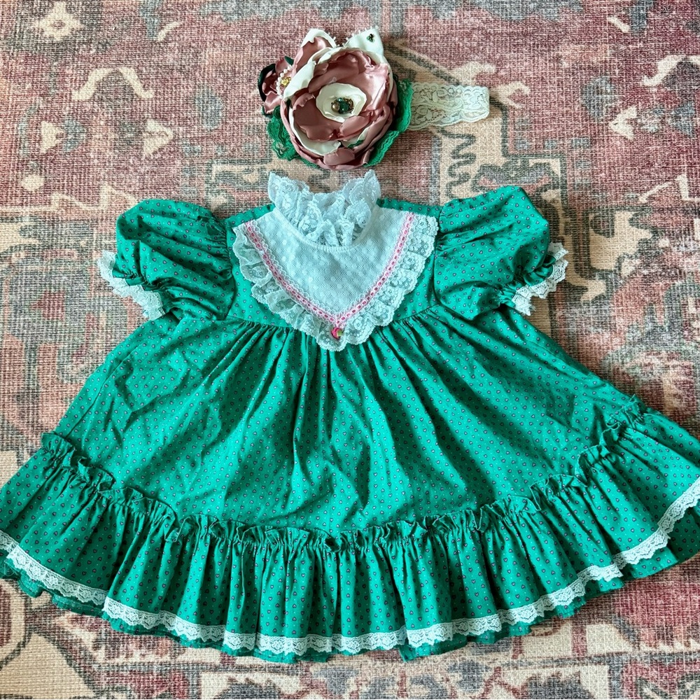 Green Lace Trim Baby Dress with Headband